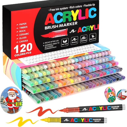 Acrylic Paint Markers Brush Tip Waterproof Quick-Drying Paint Pens for Rock Painting Wood Canvas Glass Ceramic Metal 12 to 168 Colors Art Craft Supplies Gift