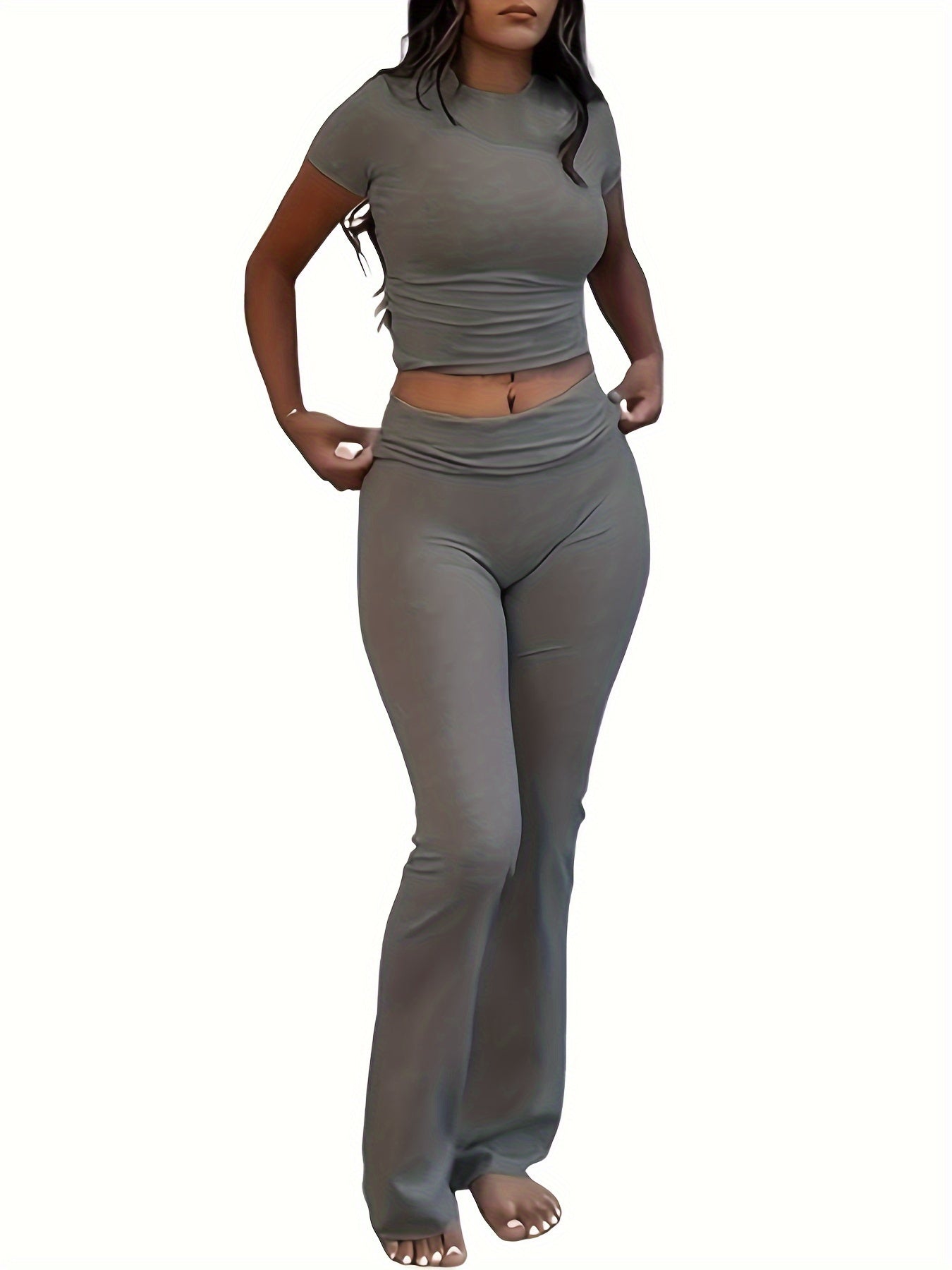 Women's Two-Piece Outfit Set - Slim Fit Short Sleeve Crew Neck T-Shirt & Skinny Flared Leg Pants, Casual Solid Color Matching Loungewear Tracksuit for Everyday Streetwear, Sizes XS-XL