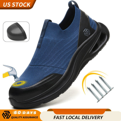 Steel Toe Work Shoes for Men Slip-On Lightweight Safety Sneakers Puncture-Resistant Non-Slip for Construction Warehouse Restaurant Black Grey Blue US 5.5-14