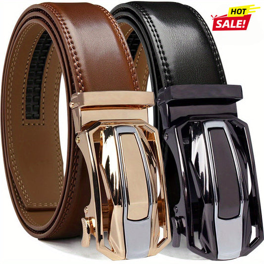 2-Pack Men's Ratchet Leather Belt Set – Sliding Adjustable Buckle, 1-3/8" Width, Sizes 26"-54", 3 Color Combos, Dress & Fashion Belt, Perfect Christmas & Father's Day Gift