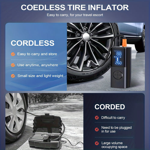 Portable Tire Inflator 210PSI Cordless with Digital Pressure Gauge, Rechargeable Battery & LED Light – Wireless Air Pump for Car, Motorcycle, Bicycle & Sports Balls – Velora