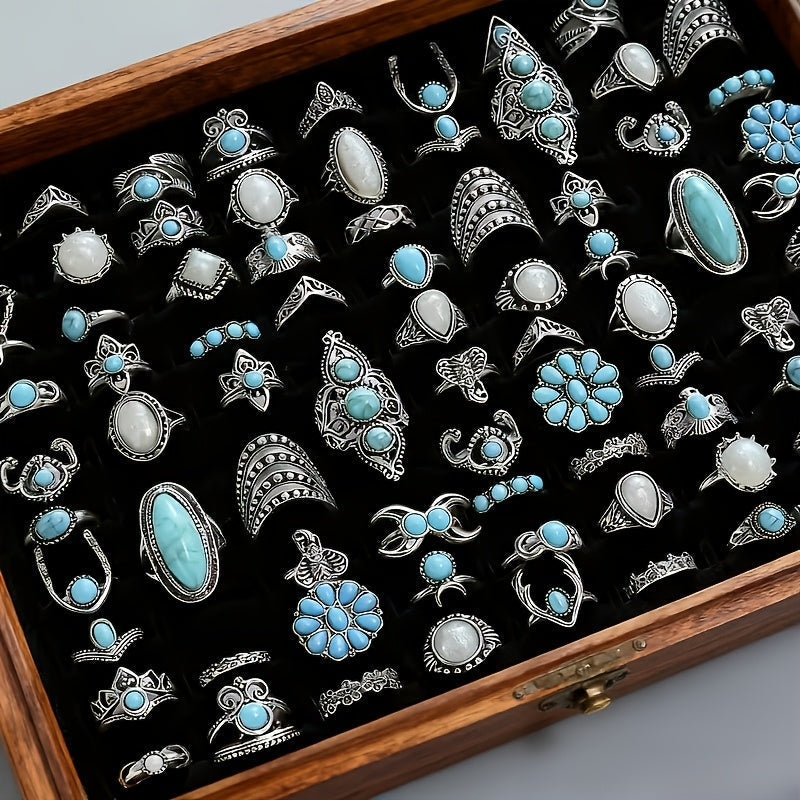 28pcs Vintage Bohemian Stackable Ring Set for Women – Turquoise, Geometric, Heart & Butterfly Designs, Adjustable Boho Rings for Everyday Wear, Holiday Parties & Festive Gifts