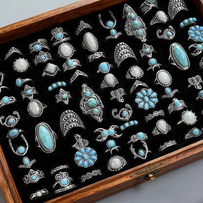28pcs Vintage Bohemian Stackable Ring Set for Women – Turquoise, Geometric, Heart & Butterfly Designs, Adjustable Boho Rings for Everyday Wear, Holiday Parties & Festive Gifts