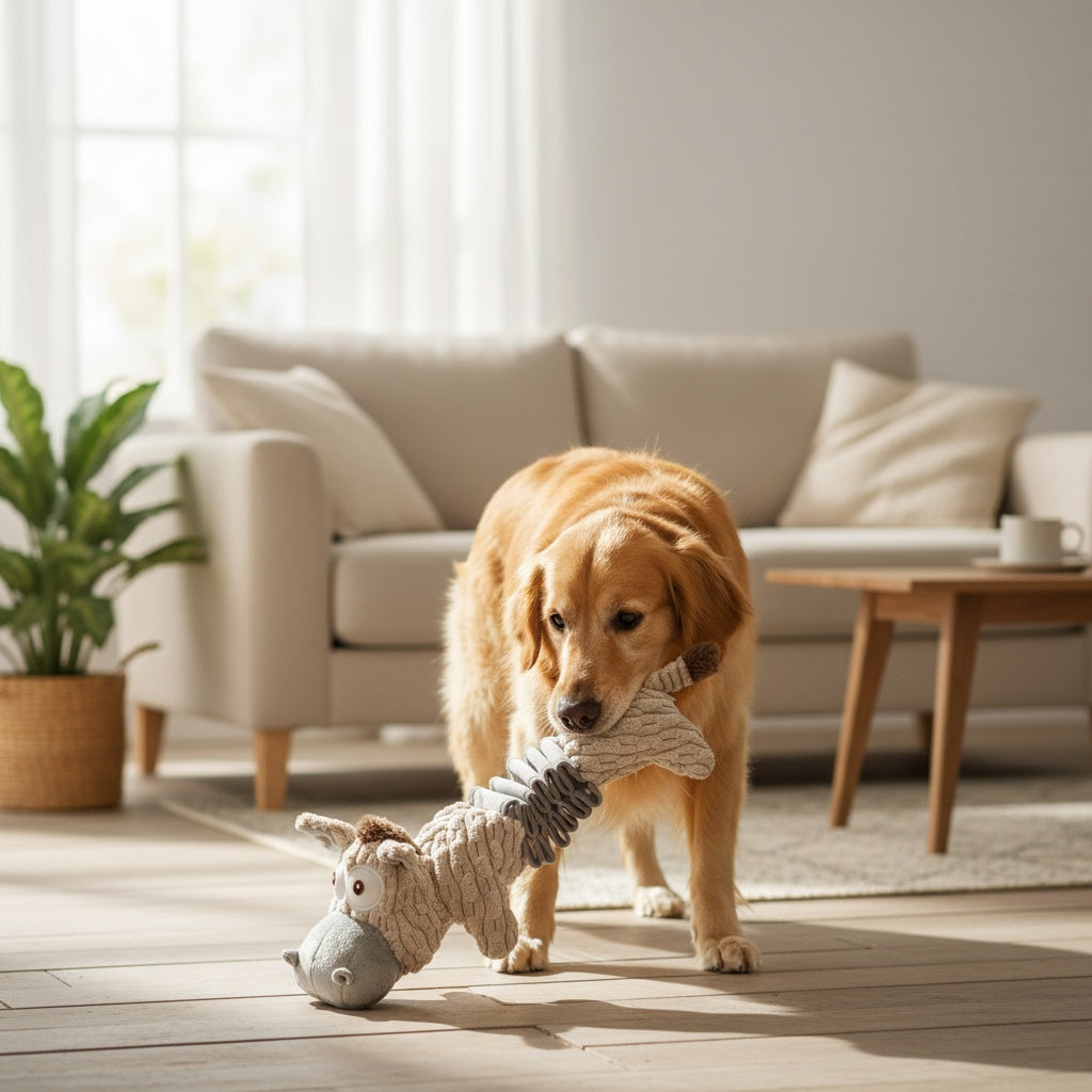 Elastic Stretch Donkey Plush Squeaky Dog Toy – Durable Tug & Chew Toy for Small, Medium & Large Dogs, Textured Spikes, No Batteries Required, Soft Gray & White Animal Design
