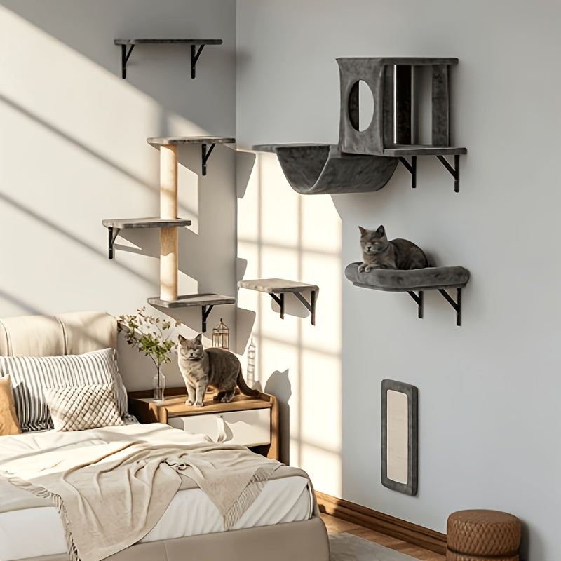 Wall Mounted Cat Climbing Shelf Set 7-Piece – Deluxe Indoor Cat Furniture with Condo, Shelves, Scratching Post, Bridge Ladder & Tunnel for All Cat Sizes