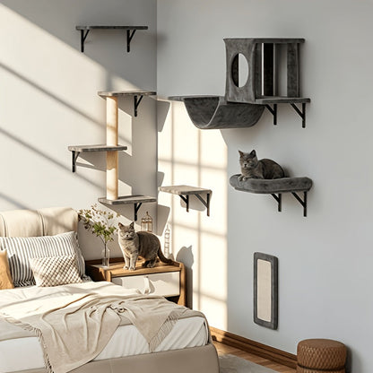 Wall Mounted Cat Climbing Shelf Set 7-Piece – Deluxe Indoor Cat Furniture with Condo, Shelves, Scratching Post, Bridge Ladder & Tunnel for All Cat Sizes