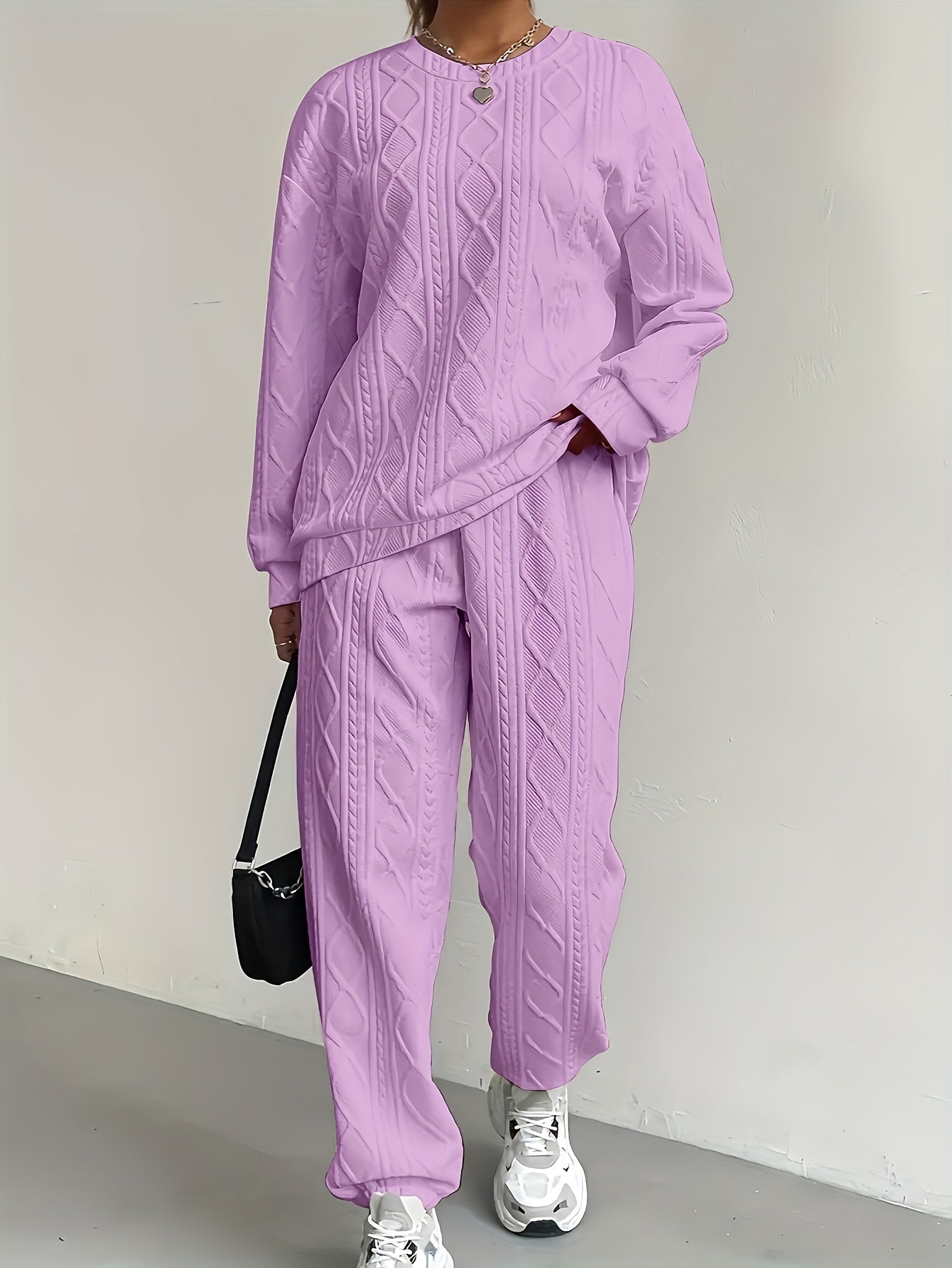 Women's 2-Piece Pullover Sweatsuit Set – Textured Jacquard Crewneck Long Sleeve Top & Sweatpants Tracksuit Breathable Casual Loungewear for Spring Summer S-XXL