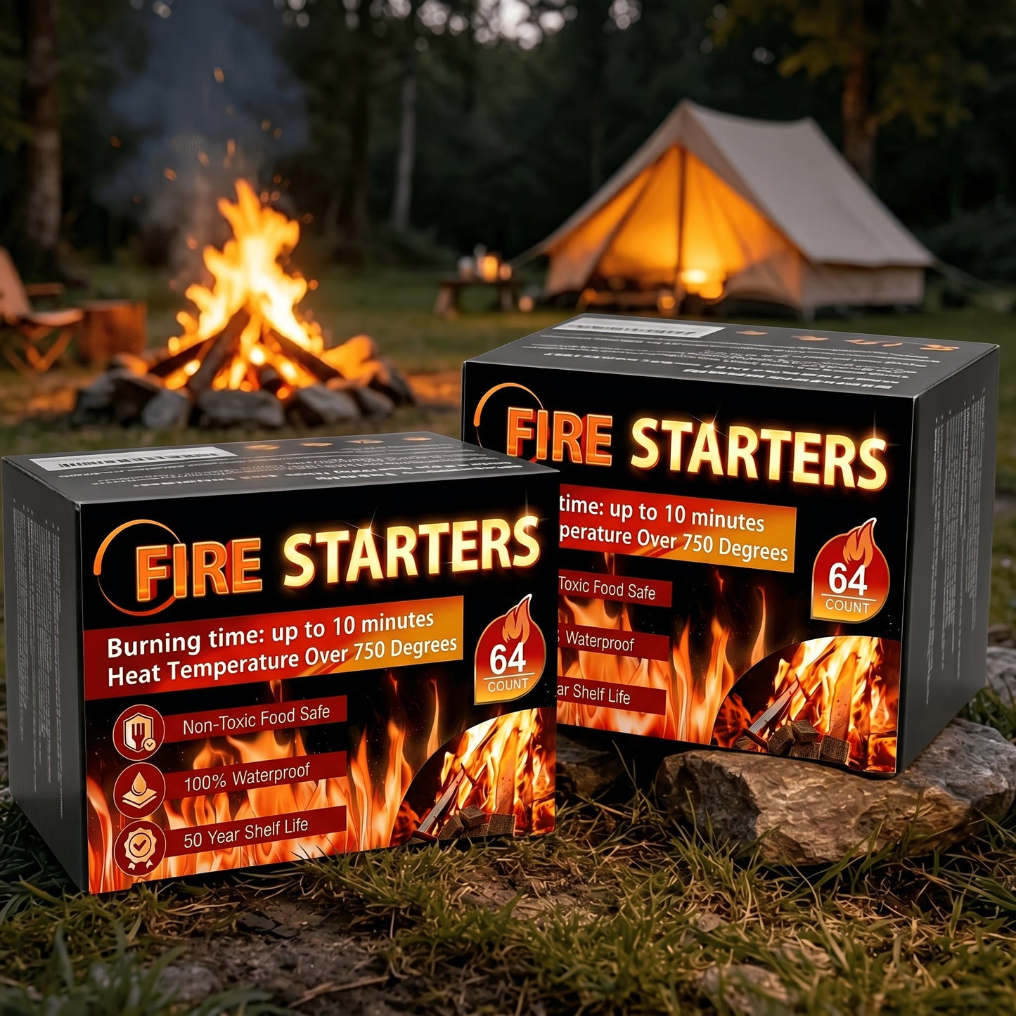 Fire Starter Squares – Waterproof Odorless Charcoal Firestarter Cubes for Campfire, BBQ, Grill, Fireplace & Wood Stove, No Kindling Needed, 32/64/128/192 Piece Packs