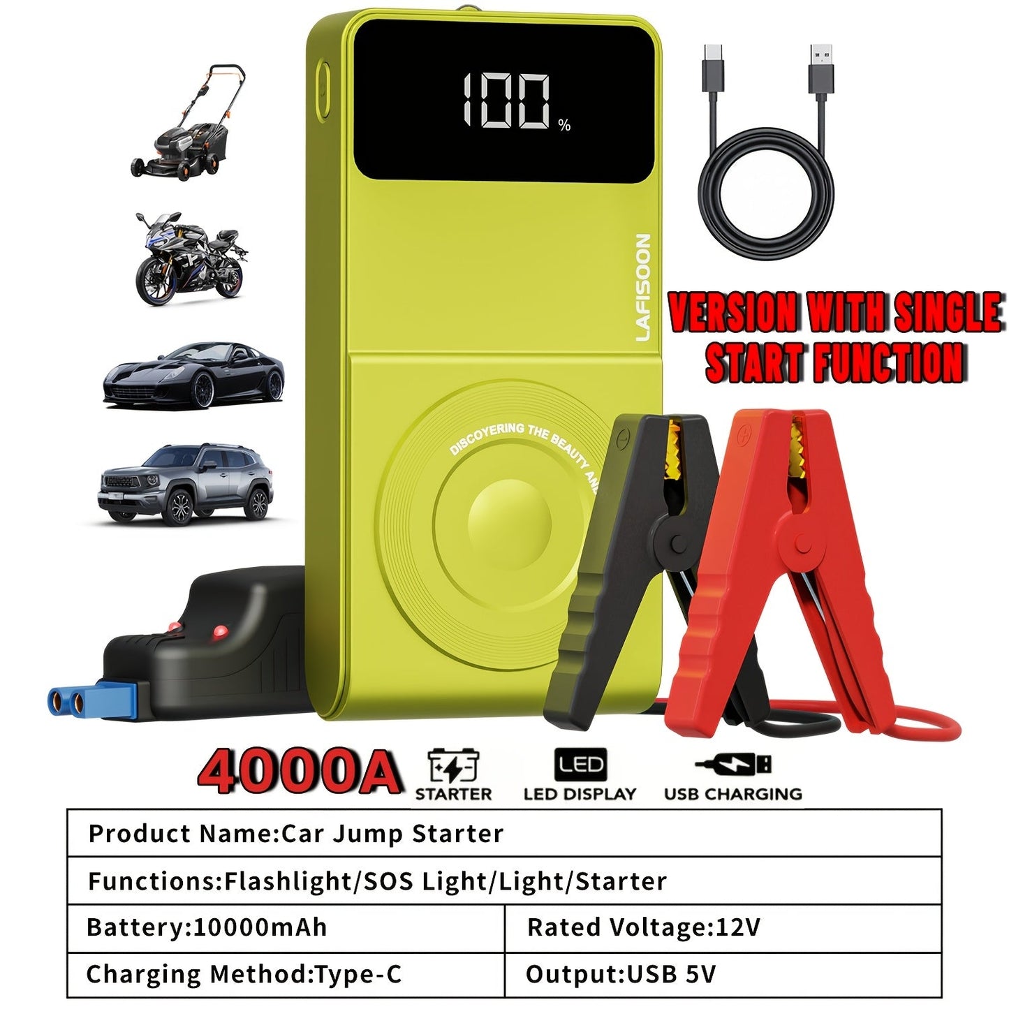 Portable Car Jump Starter 12V Battery Booster Pack with Optional Air Compressor - Emergency Battery Jump Start for Gasoline & Diesel Engines, Compatible with Sedans, SUVs, Trucks & Lawn Mowers