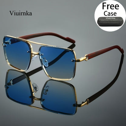 Square Retro Sunglasses for Men and Women Wood Grain Double Beam Design UV Protection Fashion Eyewear with Case for Driving Travel Beach Street Photography Holiday Gift 7 Color Options