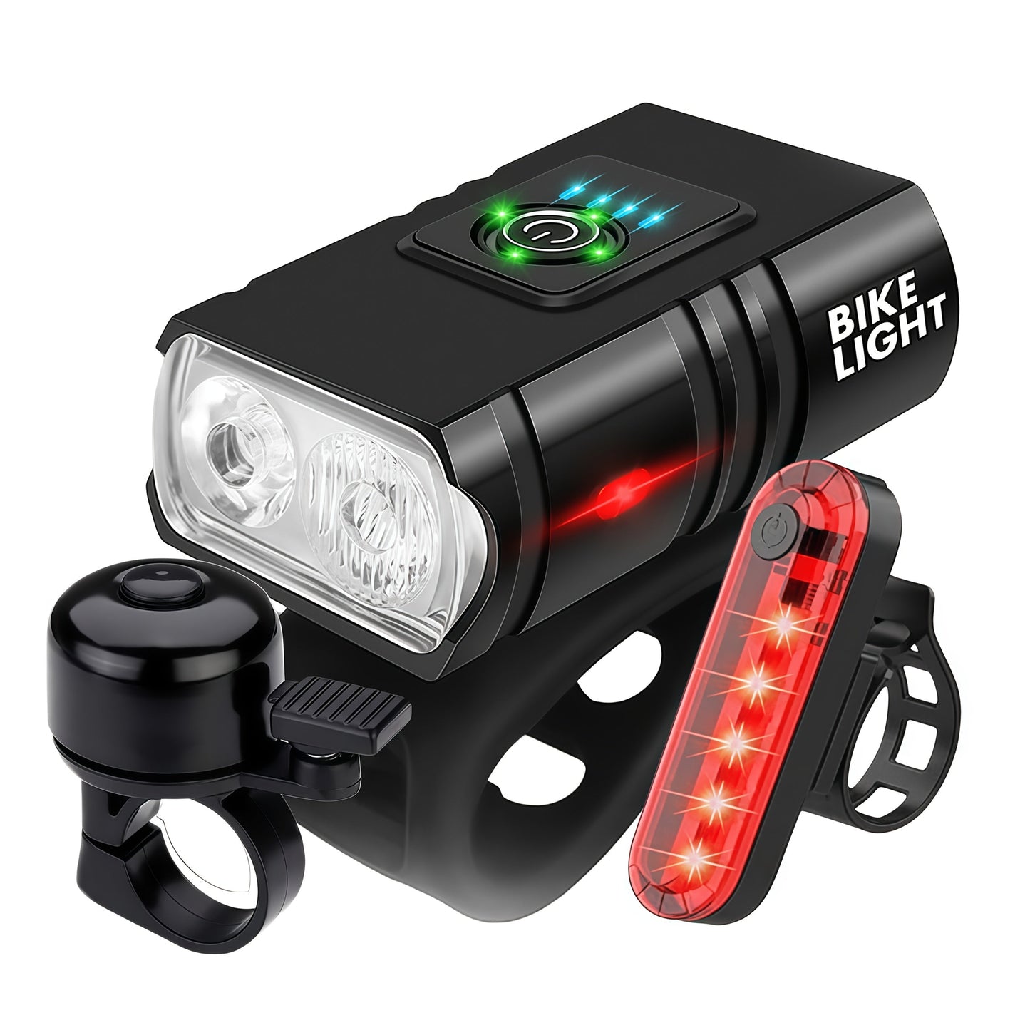 Super Bright USB Rechargeable Bike Light Set – LED Front Headlight 1200mAh & Rear Taillight 330mAh, 6+4 Modes, 180° Wide Beam, Safety Bell Included, for Mountain Road & Night Cycling