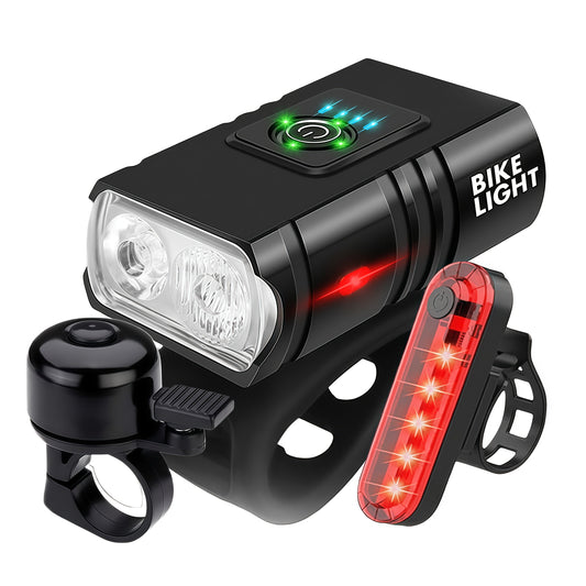 Super Bright USB Rechargeable Bike Light Set – LED Front Headlight 1200mAh & Rear Taillight 330mAh, 6+4 Modes, 180° Wide Beam, Safety Bell Included, for Mountain Road & Night Cycling