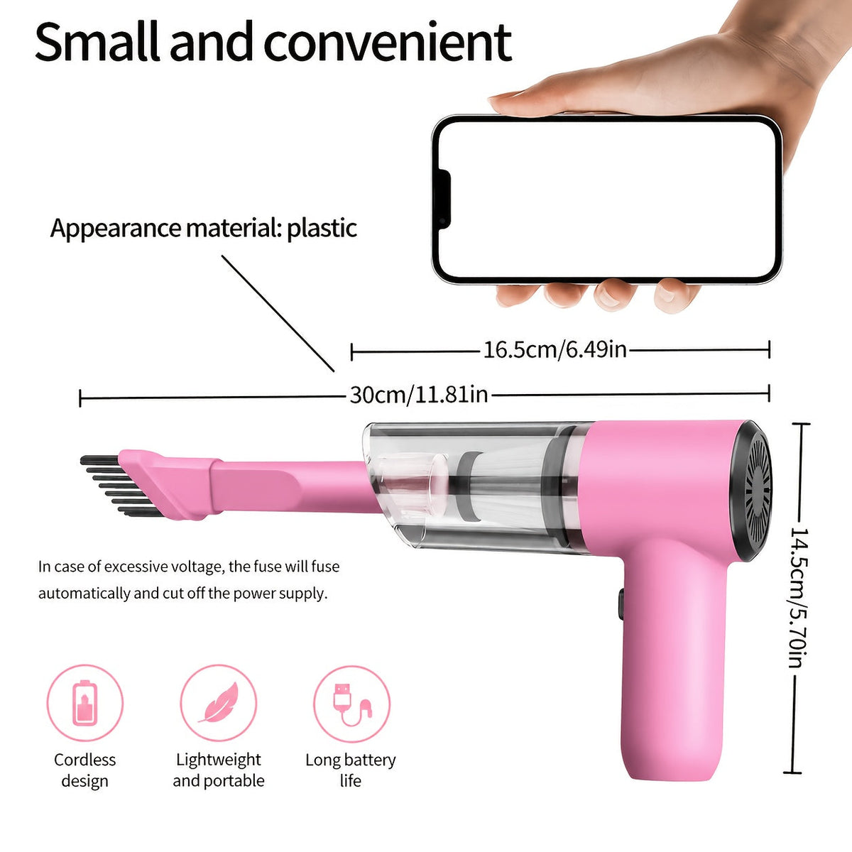 Cordless Car Vacuum Cleaner 7KPa Strong Suction – 80dB Quiet, 3 Nozzles, USB Rechargeable Handheld Portable Auto Vacuum for Car Interior Home Pet Hair, Gift for Women Drivers