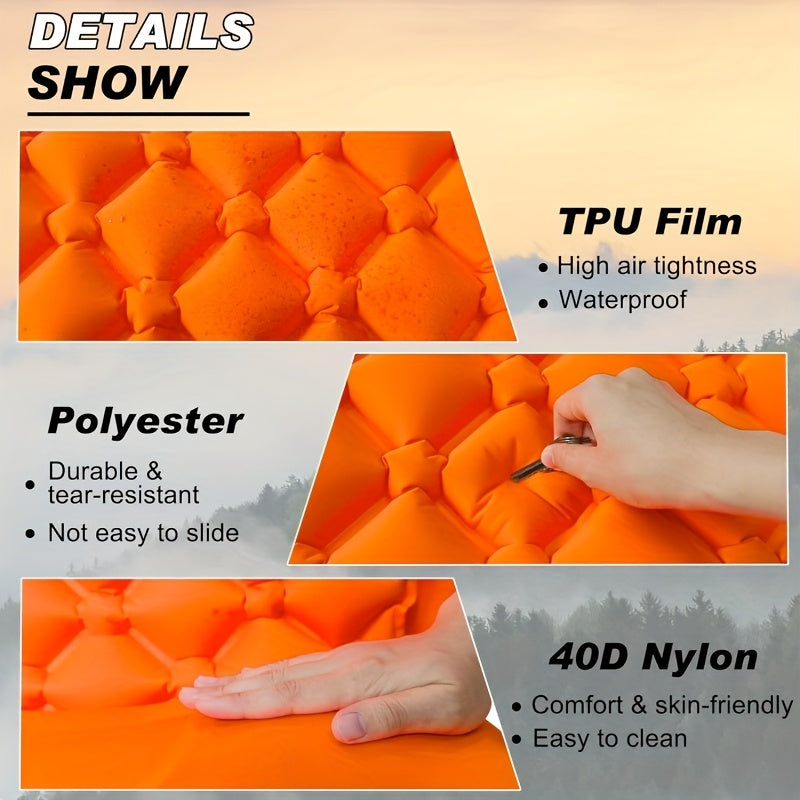 Self-Inflating Sleeping Pad Ultralight Nylon TPU Camping Mat, Built-In Pump Single & Double Person Options, Compact Portable Sleeping Mat for Camping Hiking Backpacking Travel Picnic, Orange & Blue