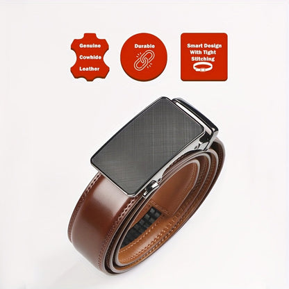 Men's Genuine Leather Belt Automatic Buckle Ratchet Dress Belt for Men – No Hole Slide Buckle, Black Brown, Fits Waist 30" to 44", Formal & Casual Wear