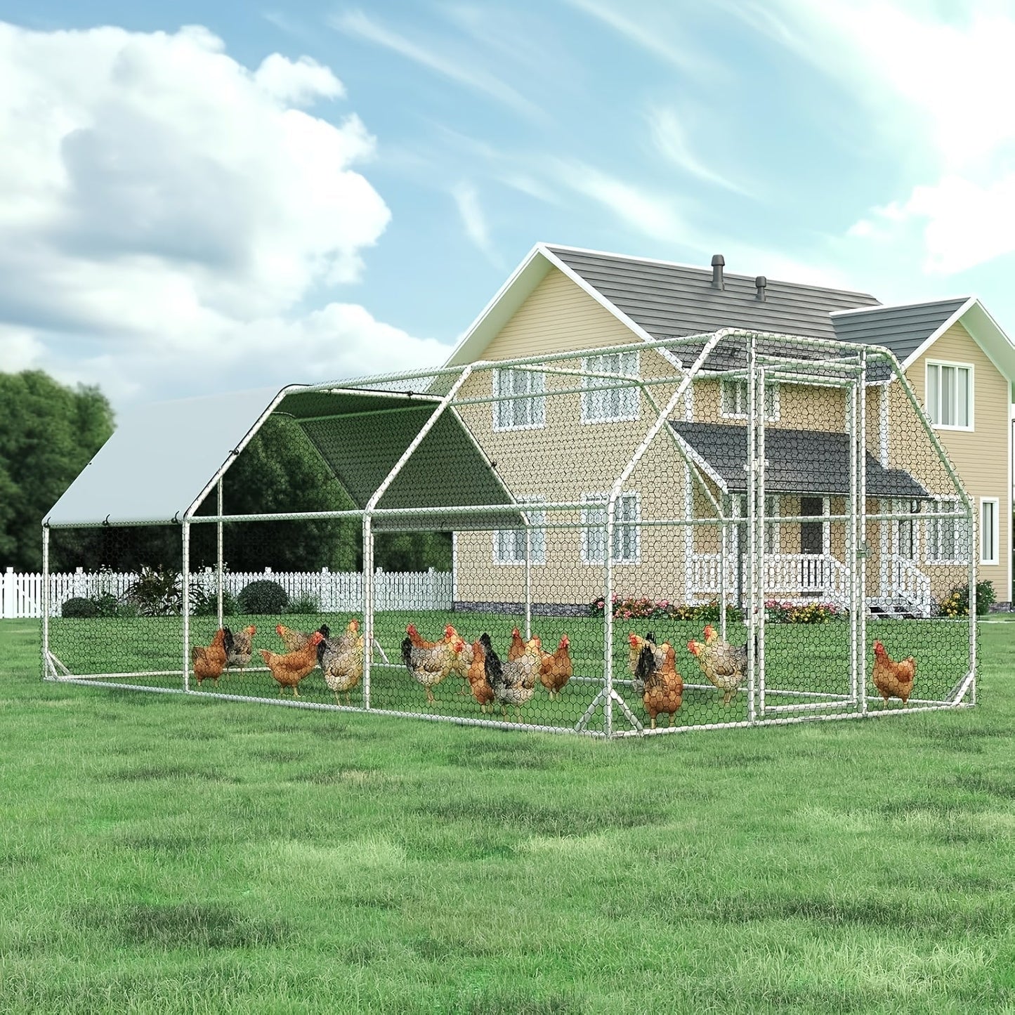 Large Walk-In Metal Chicken Coop Outdoor Hen House with Anti-UV Cover Aluminum Poultry Cage for Backyard Garden – Multiple Roof Styles