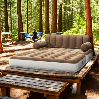 Inflatable Air Sofa Bed 2-in-1 Queen Size – Portable Blow Up Couch & Airbed with Headboard, Cup Holders, External Pump & Storage Bag, 440 lb Capacity for Home, Camping & Guests