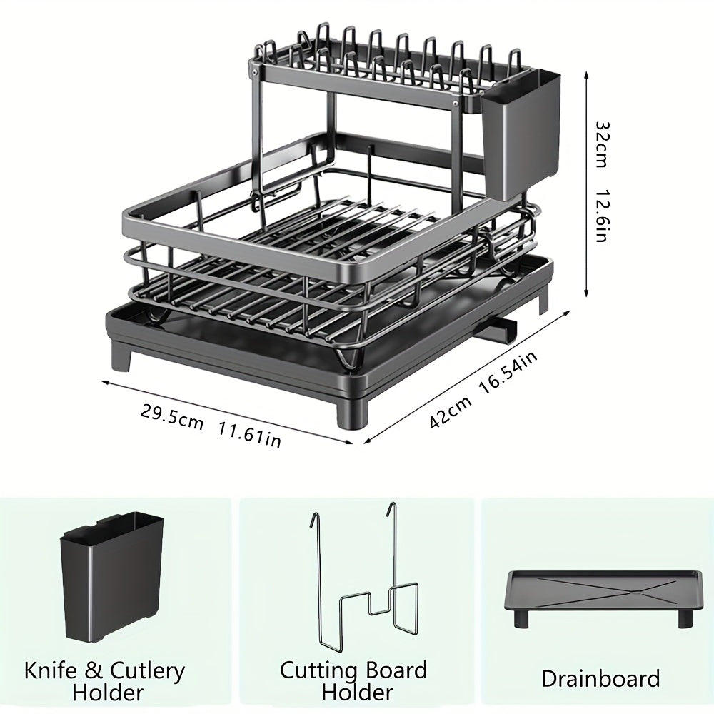2-Tier Dish Drying Rack for Kitchen Counter with Drainboard Drain Mat Knife Fork Cup Holder Utensil Organizer Dish Drainer Kitchen Gadget Gift for Women Mother's Day