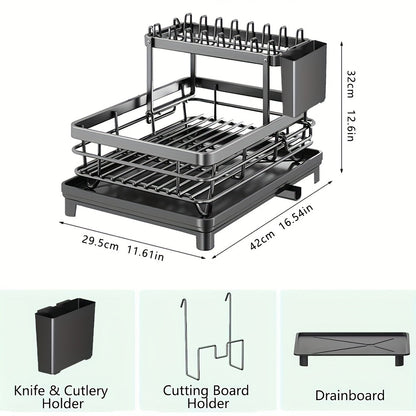 2-Tier Dish Drying Rack for Kitchen Counter with Drainboard Drain Mat Knife Fork Cup Holder Utensil Organizer Dish Drainer Kitchen Gadget Gift for Women Mother's Day