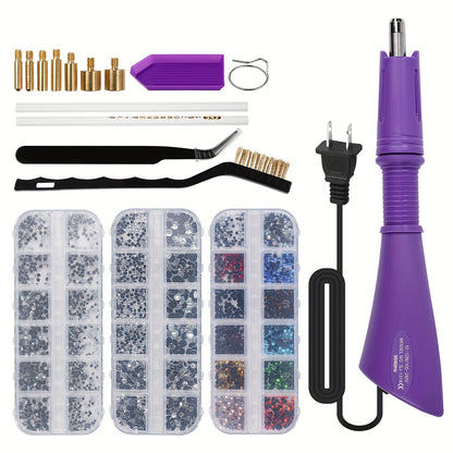Hotfix Rhinestone Applicator Kit Complete Bedazzling Set with Wand 7 Tips Multi-Color Crystal Stones Tweezers Wax Pens & Storage Bag - DIY Bling Tool for Clothing Fabric Leather Crafts