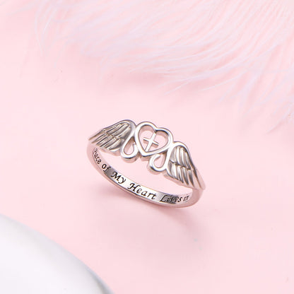 S925 Sterling Silver Angel Wing Memorial Ring – A Piece of My Heart Lives in Heaven, Rhodium Plated, Sympathy Gift for Loss of Mom Dad Grandma Grandpa Daughter Son, Sizes 5-10