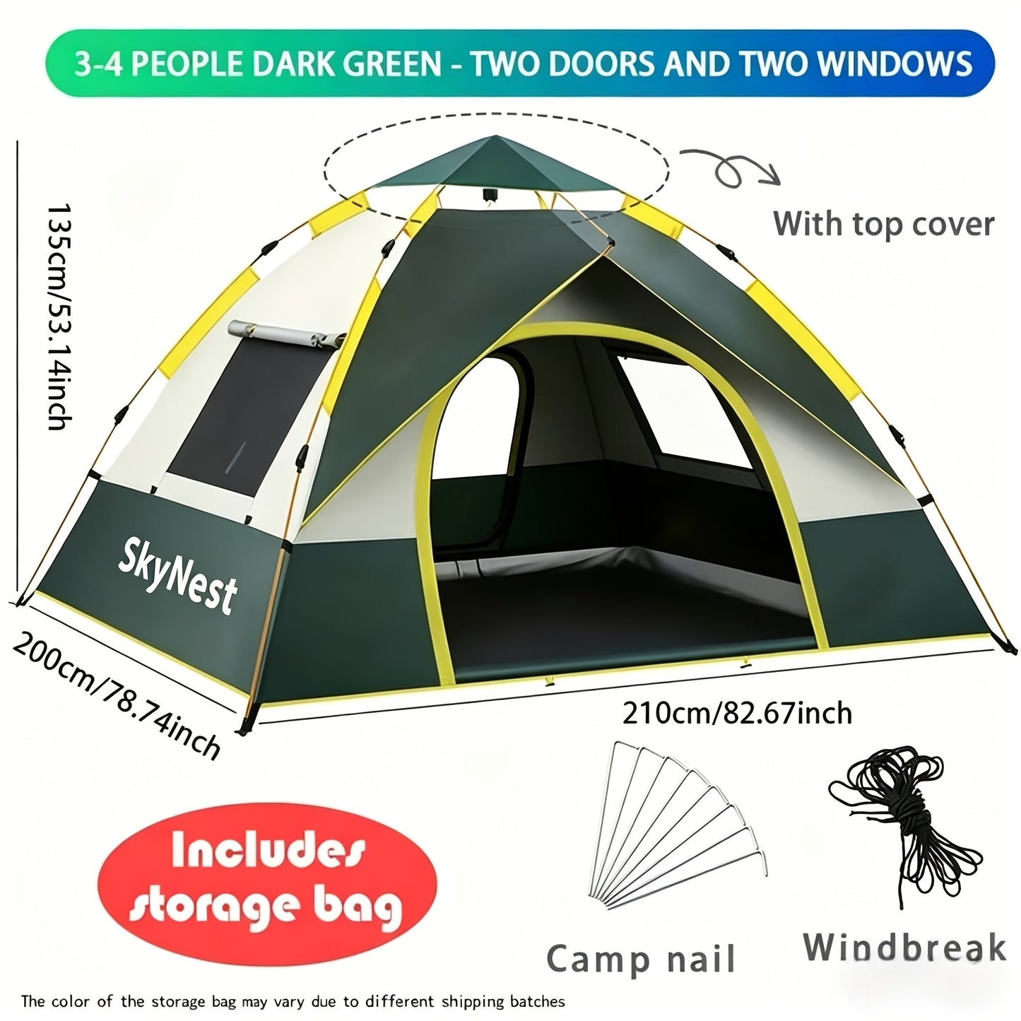 SKYNEST Automatic Instant Setup Camping Tent 1-3 and 3-4 Person All-Season Windproof Lightweight Tent Dual Doors Mesh Windows for Camping Hiking Hunting Travel Outdoor Shelter Green Beige