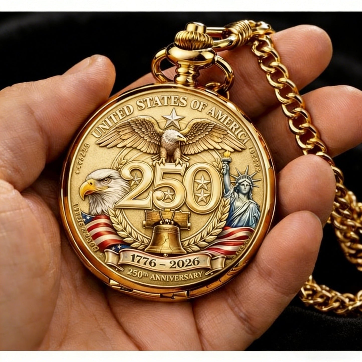 USA 250th Anniversary Pocket Watch 1776-2026 – Retro Wind-Up Timepiece with Bald Eagle & Statue of Liberty, Patriotic Commemorative Gift for History Buffs, Collectors & American Pride