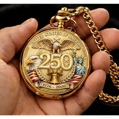 USA 250th Anniversary Pocket Watch 1776-2026 – Retro Wind-Up Timepiece with Bald Eagle & Statue of Liberty, Patriotic Commemorative Gift for History Buffs, Collectors & American Pride