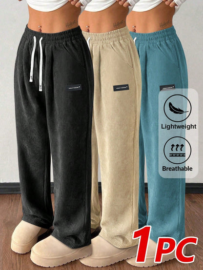 Women's Corduroy Straight Leg Pants Casual Drawstring Elastic Waist with Vintage Pockets – Soft Breathable Fall Winter Trousers 6 Colors XS-XXL