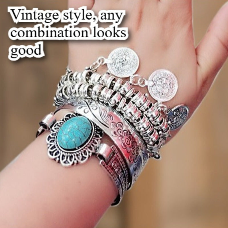 5pcs Retro Ethnic Hollow Engraving Adjustable Open Cuff Bracelet Set for Women Boho Stackable Friendship Bracelets Gift for Christmas Halloween Vacation
