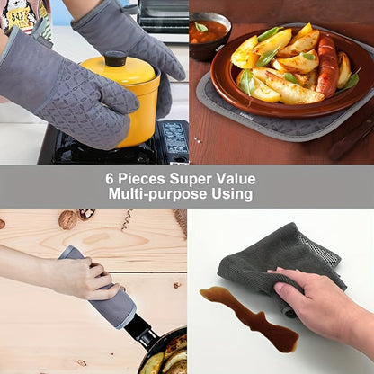 Oven Mitts and Pot Holders Set 6 Piece Heat Resistant Non-Slip Silicone Kitchen Gloves for Baking BBQ Cooking – Includes 1 Pair Mitts & 4 Pot Holders