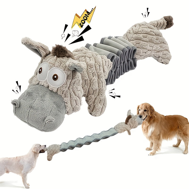 Elastic Stretch Donkey Plush Squeaky Dog Toy – Durable Tug & Chew Toy for Small, Medium & Large Dogs, Textured Spikes, No Batteries Required, Soft Gray & White Animal Design