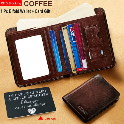 RFID Blocking Genuine Leather Wallet for Men Trifold Cowhide Vintage Credit Card Holder 2 ID Windows Money Clip Cash Slots Father's Day Gift for Dad Husband