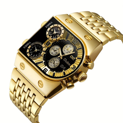 Oulm Men's Multi Time Zone Large Dial Stainless Steel Band Business Quartz Watch Dual Display Black Blue Gift for Him