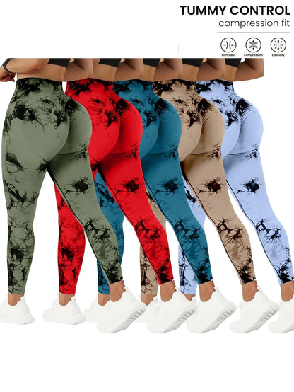 5 Pack High-Waisted Yoga Pants for Women with Tummy Control, Tie-Dye Fitness Leggings Stretchy Running Tights Peach Lift Workout Pants, All-Season Activewear in Various Colors