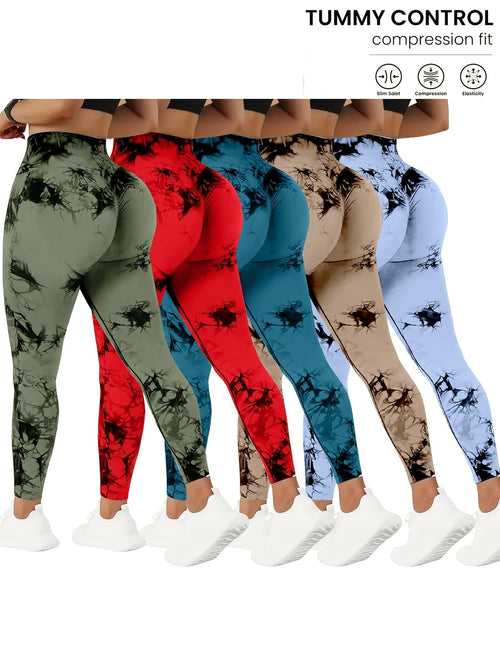 5 Pack High-Waisted Yoga Pants for Women with Tummy Control, Tie-Dye Fitness Leggings Stretchy Running Tights Peach Lift Workout Pants, All-Season Activewear in Various Colors