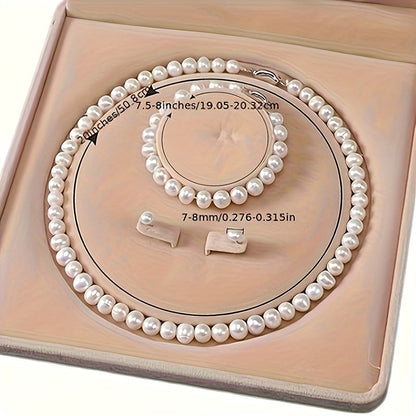 Freshwater Pearl Jewelry Set for Women - 925 Sterling Silver Cultured Pearl Necklace Bracelet & Earrings Set, Elegant French-Style Gift for Weddings Banquets Parties & Anniversaries
