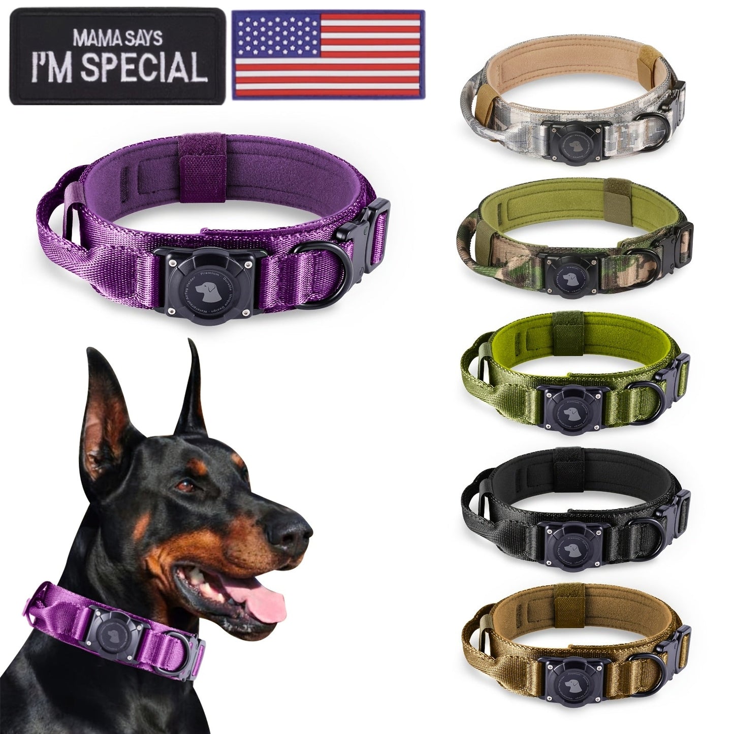 Tactical Dog Collar with AirTag Holder & Handle – Heavy Duty PC Nylon, Adjustable M/L/XL for Medium Large Dogs, Military Style Training Collar with Control Handle