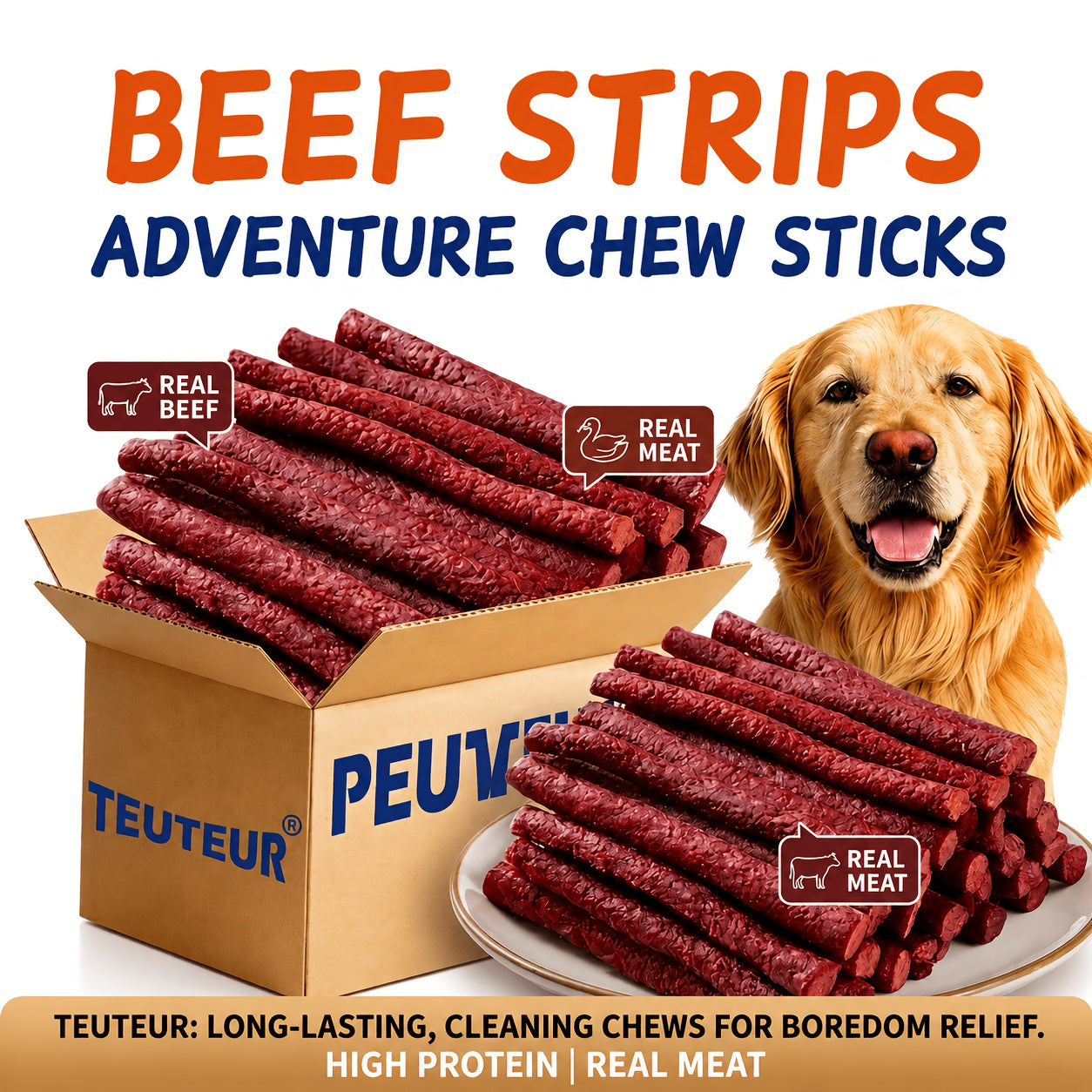 Premium Natural Beef Sticks Dog Treats – High Protein Grain-Free Beef Jerky & Molar Chews for Puppies, Adult Small Medium Large Dogs, Long-Lasting Training Rewards for All Breeds