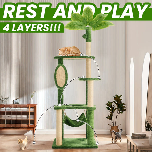 55 Inch Cat Tree for Indoor Cats with Green Leaves – Multi-Level Large Cat Tower with Hammock Sisal Scratching Posts Hanging Ball Toy Cat Furniture for Living Room Bedroom
