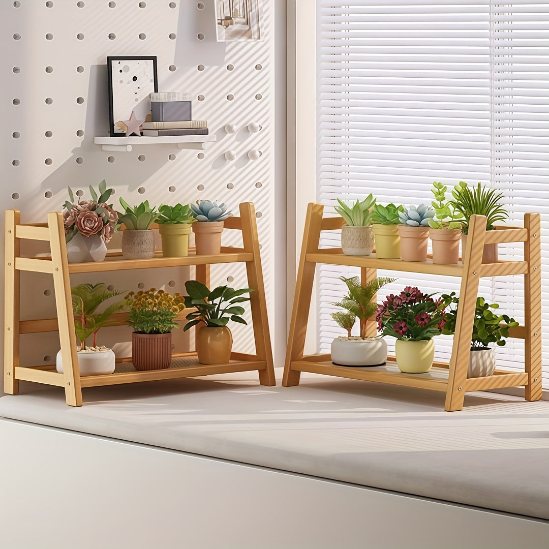 2-Tier Wooden Countertop Shelf Organizer Vintage Trapezoidal Design, Bamboo Desktop Storage Rack for Kitchen Office Bedroom, Space-Saving Counter Shelf for Coffee Cups Books Decor – 1 or 2 Pack, Large & Medium