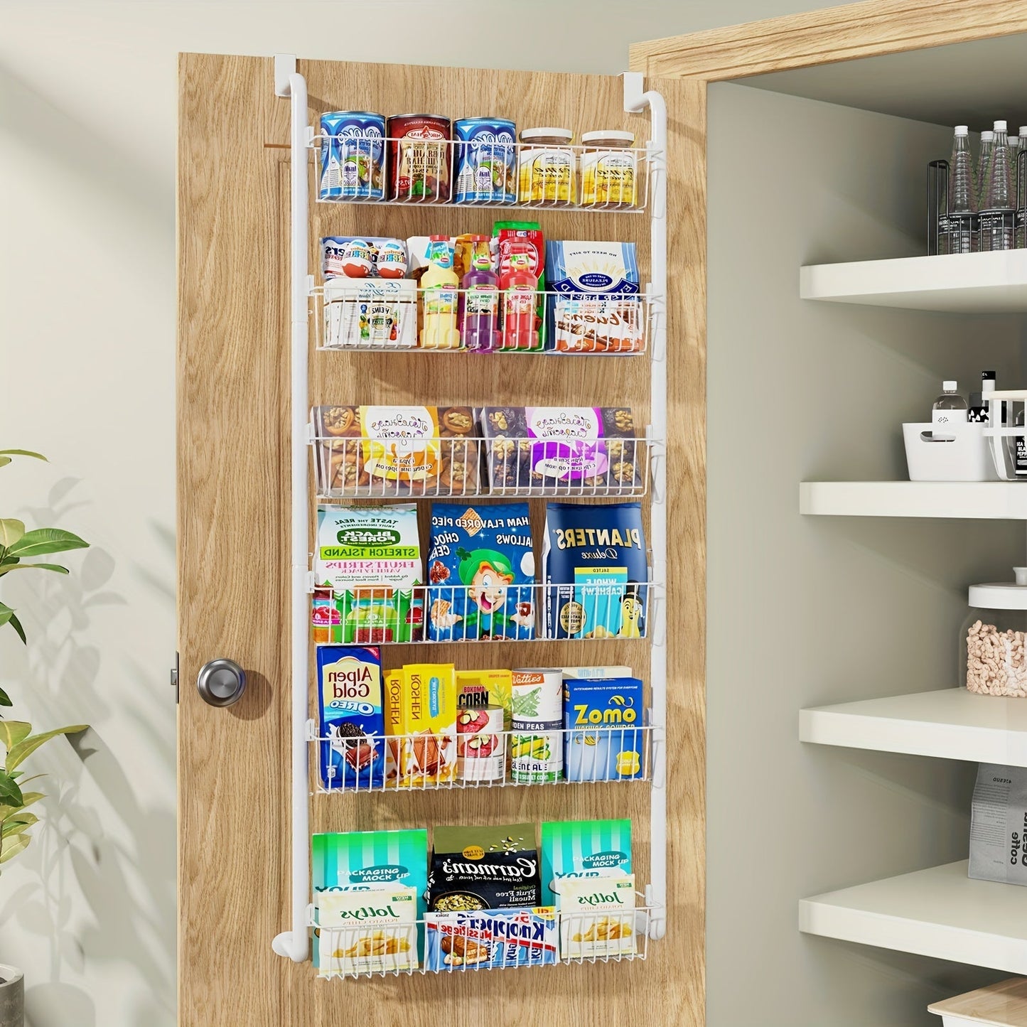 Over the Door Pantry Organizer 6 or 8 Shelf - Heavy-Duty Metal Hanging Storage Rack for Kitchen, Bathroom & Laundry Room, Space-Saving Spice & Food Organizer, Black or White
