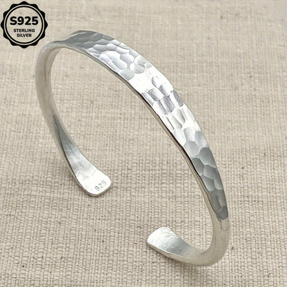 925 Sterling Silver Hammered Cuff Bracelet – Handmade Open Bangle with Corrugated Texture, Adjustable Fit, Boho Vintage Jewelry Gift for Women, Mom, Girlfriend – Birthday, Anniversary, Valentine's Day