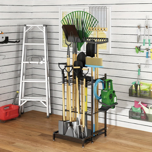 Garden Tool Organizer for Garage Heavy Duty Metal Rack with Hooks – Freestanding Yard Tool Stand Holder for Long-Handled Brooms, Shovels, Rakes & Outdoor Tools, Black Storage Rack