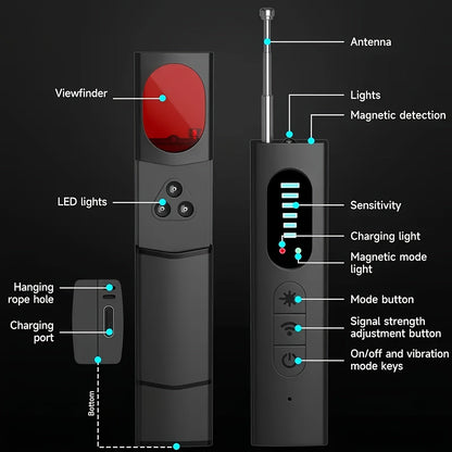 Hidden Camera Detector Anti Spy RF Signal Scanner – Bug Detector, GPS Tracker & Listening Device Finder, Portable Rechargeable Multi-Function Security Sweeper for Travel, Hotel, Home, Office, Car