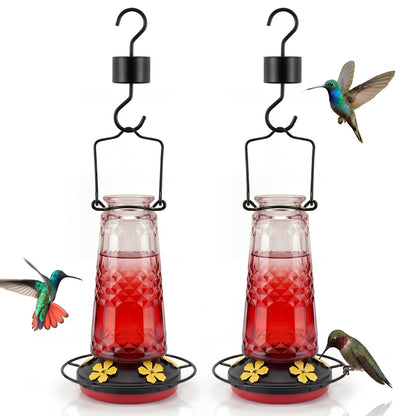 Glass Hummingbird Feeder for Outdoors Hanging – 24 Oz Nectar Feeder with 6 Feeding Ports, Ant Moat & Leak-Proof Design, 1 or 2 Pack, Red, Blue & Purple, Garden Patio Gift for Bird Lovers