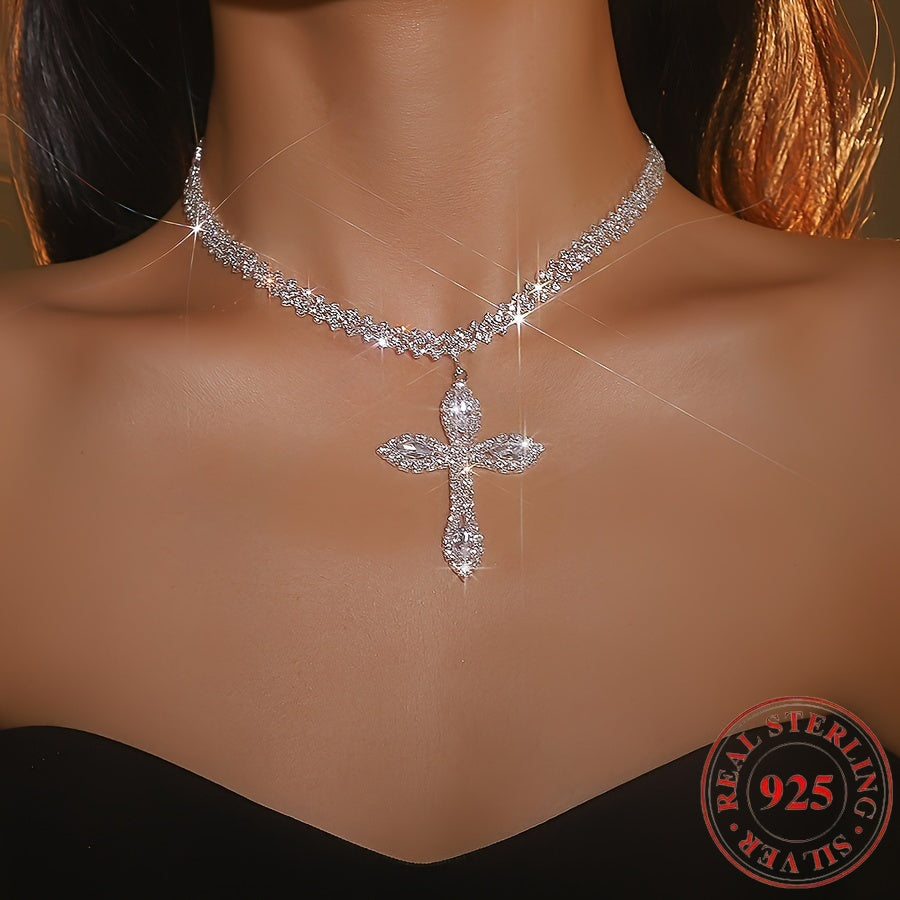 925 Sterling Silver Cross Pendant Necklace – Cubic Zirconia Crystal Sparkle, Luxury Elegant Design, Perfect Gift for Women & Men for Birthday, Christmas & Religious Occasions