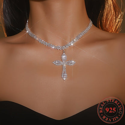 925 Sterling Silver Cross Pendant Necklace – Cubic Zirconia Crystal Sparkle, Luxury Elegant Design, Perfect Gift for Women & Men for Birthday, Christmas & Religious Occasions