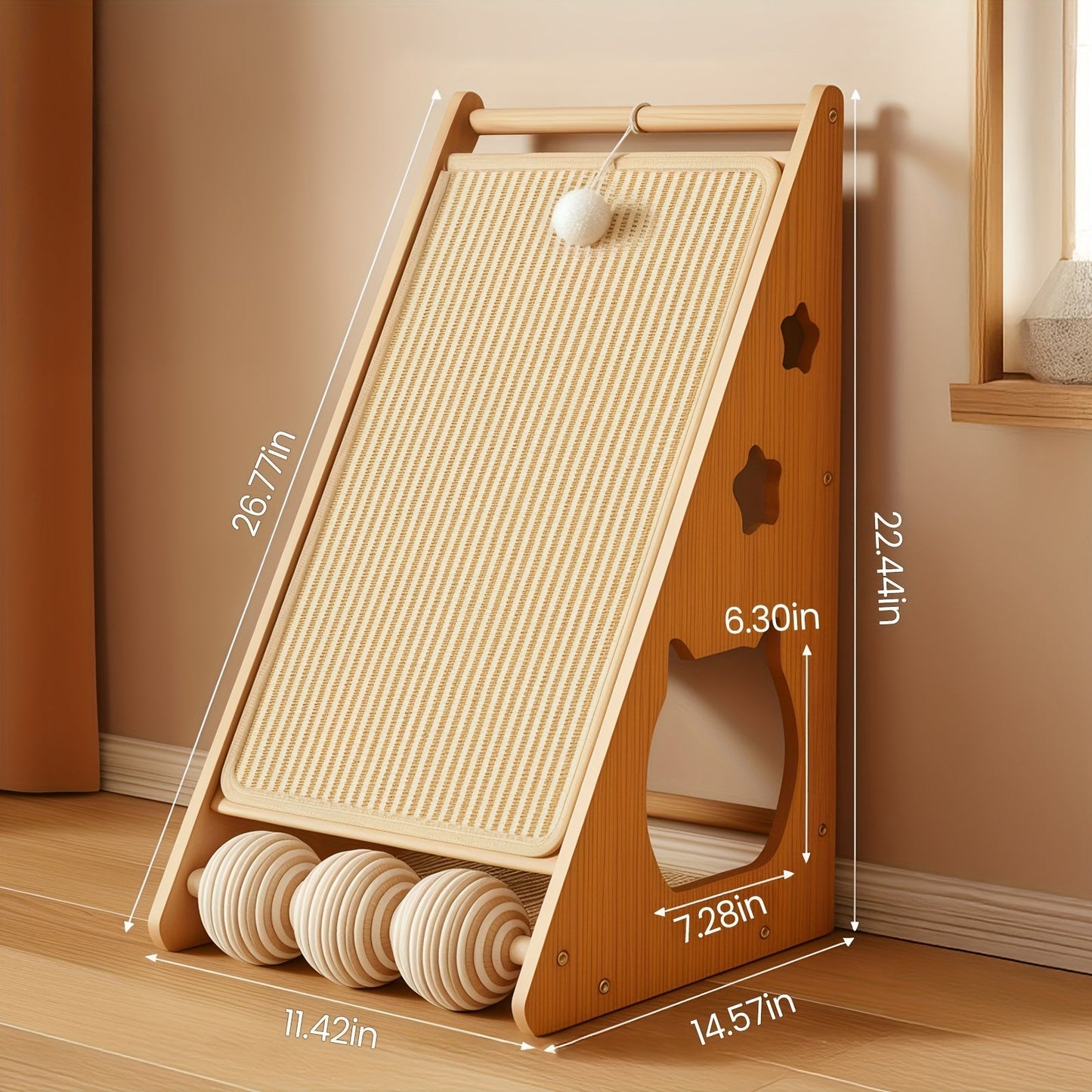 27 Inch Sisal Cat Scratching Board – Multi-Functional Wear-Resistant Cat Paw Pad Furniture Protector with 3 Teaser Balls, Easy Install, Indoor Cat Scratching Pad