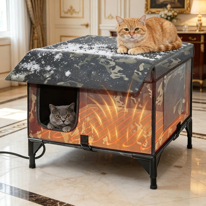 3-in-1 Heated Cat House with Removable Warming Pad & Elevated Bed – Chew-Resistant Cord, Double Door, All-Season Indoor Outdoor Cat Shelter Cave Condo for Cats Kittens & Small Dogs